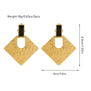 Detail view of 18K gold-plated geometric earrings with size and weight measurements