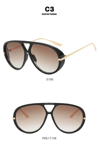 Detailed views showing side and front of aviator sunglasses with gold temples