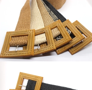 Close-up detail of woven straw-style belts with rustic square buckles for women dresses