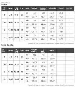 Detailed size chart for women's casual two-piece vacation set with UK US EURO measurements