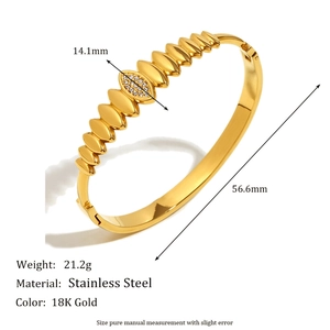 18K gold plated stainless steel teardrop bangle with dimensions 56.6mm and 21.2g weight