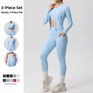Yoga Sport Outfits Damen Nylon Spandex Atmungsaktiv Reißverschluss Jacke Sport BH High Waist Leggings Mit Taschen