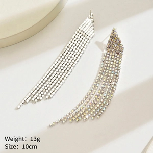 Detail view of long waterfall rhinestone tassel earrings with 10cm length and 13g weight