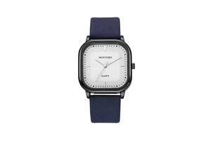 Close-up of square white dial with black metal case and navy blue leather strap watch