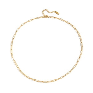 Detail of gold paperclip chain showing lobster clasp and S.STEEL engraving tag