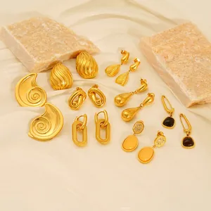 18K Gold Plated Stainless Steel Earrings Geometric Water Drop Twist Textured Non-fading Retro Elegant For Women