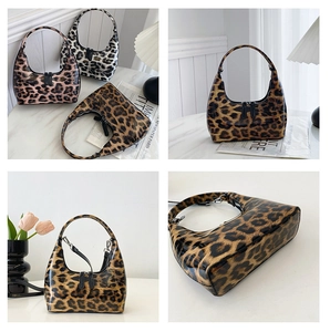 Detailed views of leopard print hobo bags in glossy finish and various color options