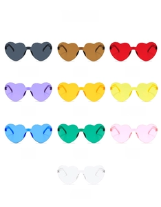 Grid display showcasing 10 vibrant colors of heart-shaped rimless sunglasses for women