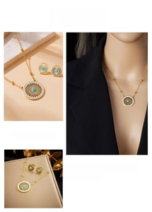 Detail of vintage mandala necklace and earrings set with turquoise and gold finish