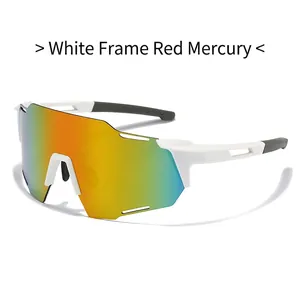 Lunettes de soleil de cyclisme à monture demi-cerclée blanche et verres miroir rouges