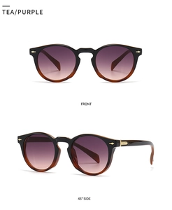 Front and side view of retro round tea and purple gradient sunglasses with gold accents