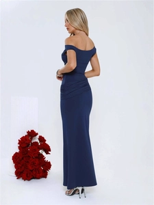 Elegant navy blue off-shoulder maxi dress with bodycon fit and stylish ruched details