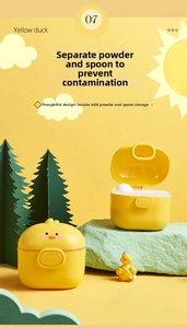 Detail of Yellow Duck formula container showing spoon separator for hygienic baby food storage