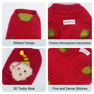 Red knit Christmas pet sweater with 3D teddy bear and Merry Christmas label detail