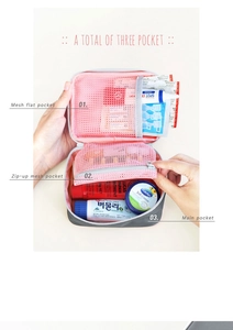 Detailed interior of a grey travel organizer with mesh pockets for medical items