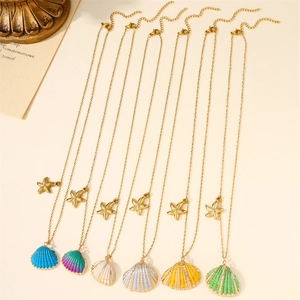 Set of six colorful shell necklaces with gold starfish pendants for summer beach style