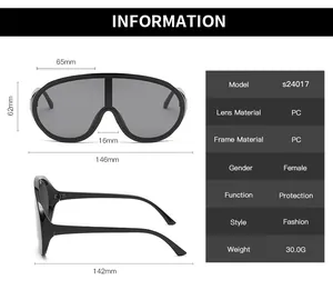 Detailed size chart for oversized Y2K sunglasses with frame dimensions and PC lens specs