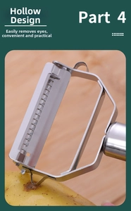 Detail of stainless steel peeler side eye remover for potatoes and fruits