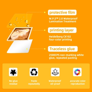Detailed exploded view of waterproof cat stickers showing multi-layer film and adhesive