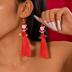 Christmas Tassel Dangle Earrings With Santa Claus Snowman Beaded Resin Flower Decor And Iron Earring Post For Women