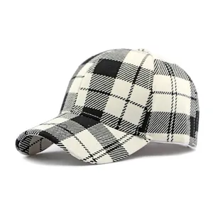 Classic black and white plaid baseball cap in a stylish 45-degree angle product view