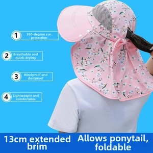 Pink floral sun hat detail showing the 13cm extended brim and ponytail opening design