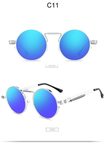 Front and side view of steampunk sunglasses with blue lenses and silver metal frames