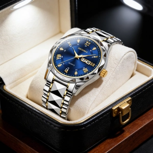 Macro detail of the DEDIMA quartz watch with a blue dial in a luxury black display box