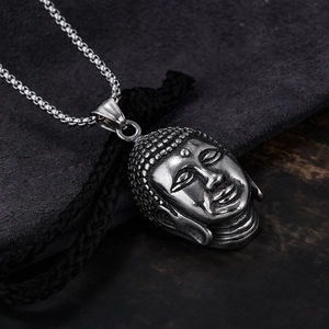 Ethnic Buddha head pendant necklace in antique silver stainless steel for men and women