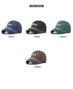Detailed grid of distressed washed cotton baseball caps with THINK letter embroidery