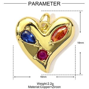 Macro detail of heart zircon pendant with gold copper plating and size dimensions