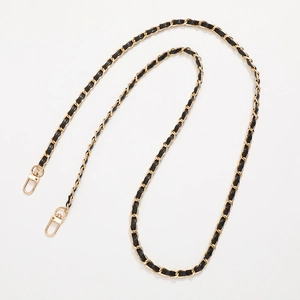 Crossbody phone chain with gold metal links and black leather weaving and lobster clasps