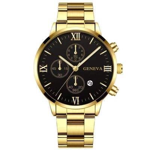 Montre homme d'affaires avec bracelet en acier doré, cadran noir, calendrier et chiffres romains