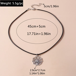 Detailed size and weight chart for the gothic spider web and skull hand pendant necklace