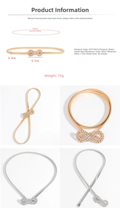 Detail view of infinity rhinestone buckle and elastic metal chain on women's waist belt