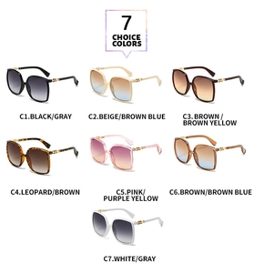 Detail view of 7 color choices for oversized fashion sunglasses with metal accents