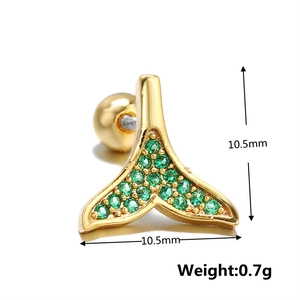 Macro detail of whale tail stud earring with green zircons and screw back dimensions