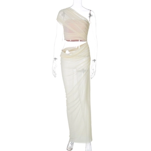 Detail of off-white mesh two-piece set featuring ruched shoulder top and draped long skirt