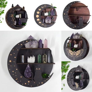 Wooden Moon Wall Shelf Crystal Display Rack Bohemian Moon Phase Cat Wolf Moth Pattern Storage Holder Home Decor