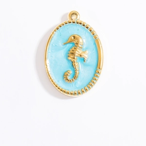 Elegant gold seahorse oval pendant with light blue enamel on stainless steel base
