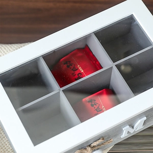 White wooden 6-compartment storage box with transparent glass lid and rustic rope handle