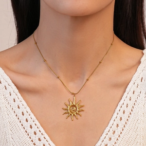 Sun Pendant Necklace Stainless Steel Spiral Textured Gold Beaded Chain Bohemian Vintage Fashion Jewelry For Women