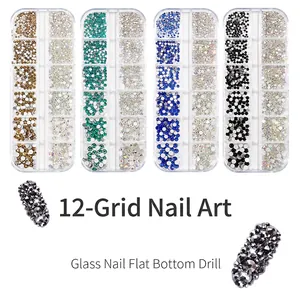 12-grid set of glass flatback rhinestones for nail art in multiple colors and sizes