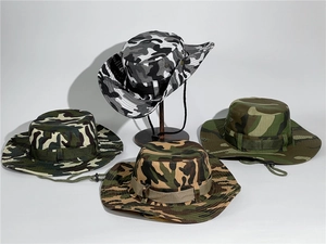 Detail view of four camouflage bucket hats with adjustable windproof chin straps and side snaps