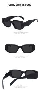 Three-way view of thick rectangle sunglasses in glossy black with gray lenses