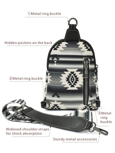 Detail of bohemian canvas sling bag featuring metal buckles and shock-absorbing straps