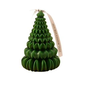 Dark green origami Christmas tree scented candle with decorative Best Wishes ribbon