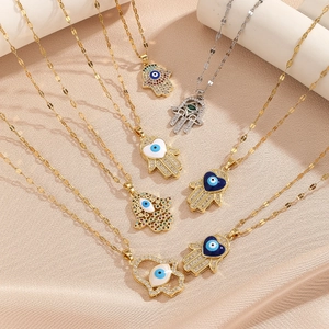 Vintage Copper Zirconia Hamsa Hand Pendant Necklace For Women Men Gold Silver Plated Evil Eye Heart Palm Fashion Jewelry