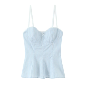 Top canotta da donna a righe verticali bianche e azzurre con fiocco decorativo