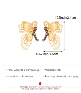Detail view of镂空 butterfly earrings with iridescent beads and alloy gold base